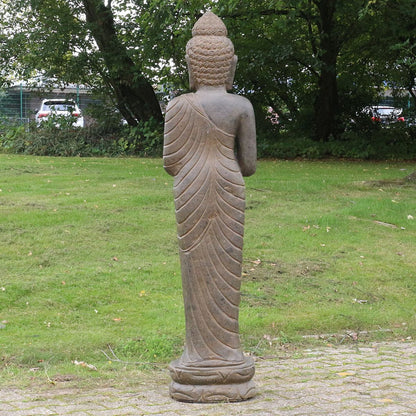 Buddha Stein Figur Statue Gartenfigur Steinfigur Dekofigur Gartendeko stehend Greenstone Antik Greetings 118 cm