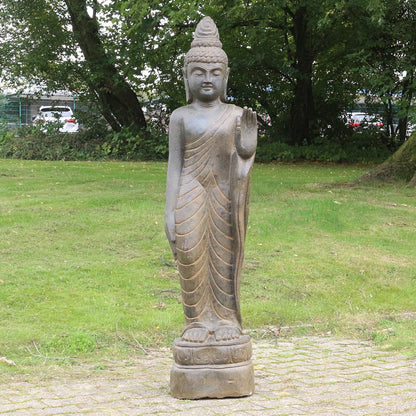 Buddha Stein Figur Statue Gartenfigur Steinfigur Dekofigur Gartendeko stehend Greenstone Antik Hand up 150 cm