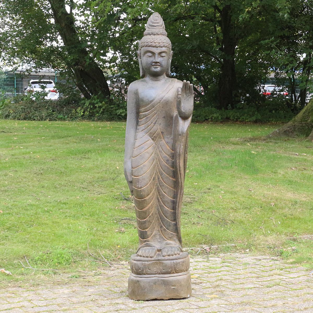 Buddha Stein Figur Statue Gartenfigur Steinfigur Dekofigur Gartendeko stehend Greenstone Antik Hand up 118 cm