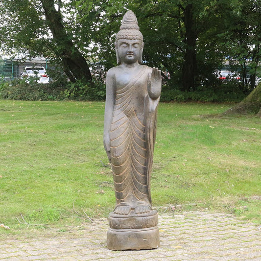 Buddha Stein Figur Statue Gartenfigur Steinfigur Dekofigur Gartendeko stehend Greenstone Antik Hand up 118 cm