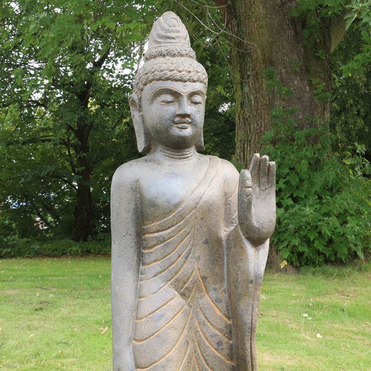 Buddha Figur stehend Steinfigur Greenstone Antik Hand up 175 cm