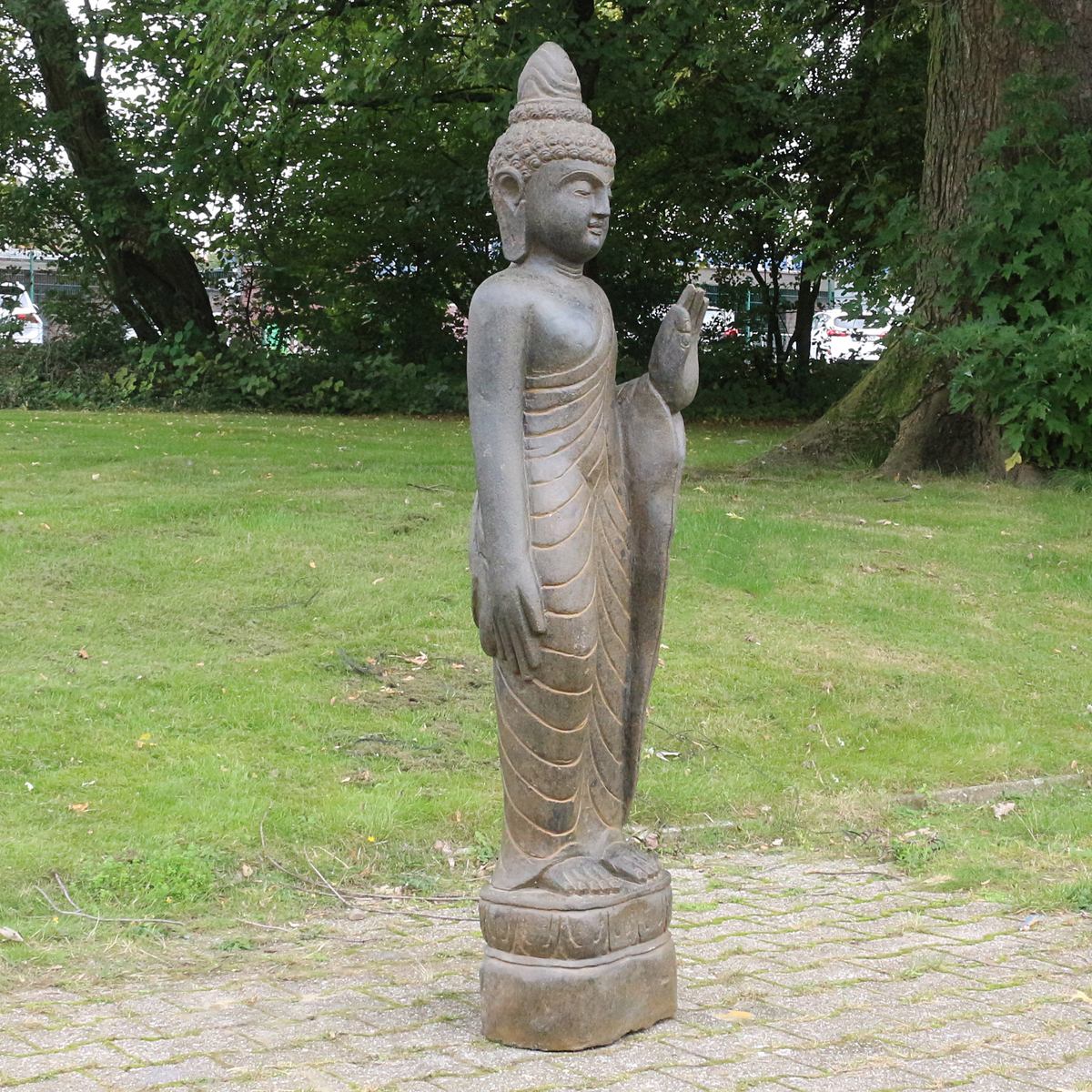 Buddha Stein Figur Statue Gartenfigur Steinfigur Dekofigur Gartendeko stehend Greenstone Antik Hand up 118 cm