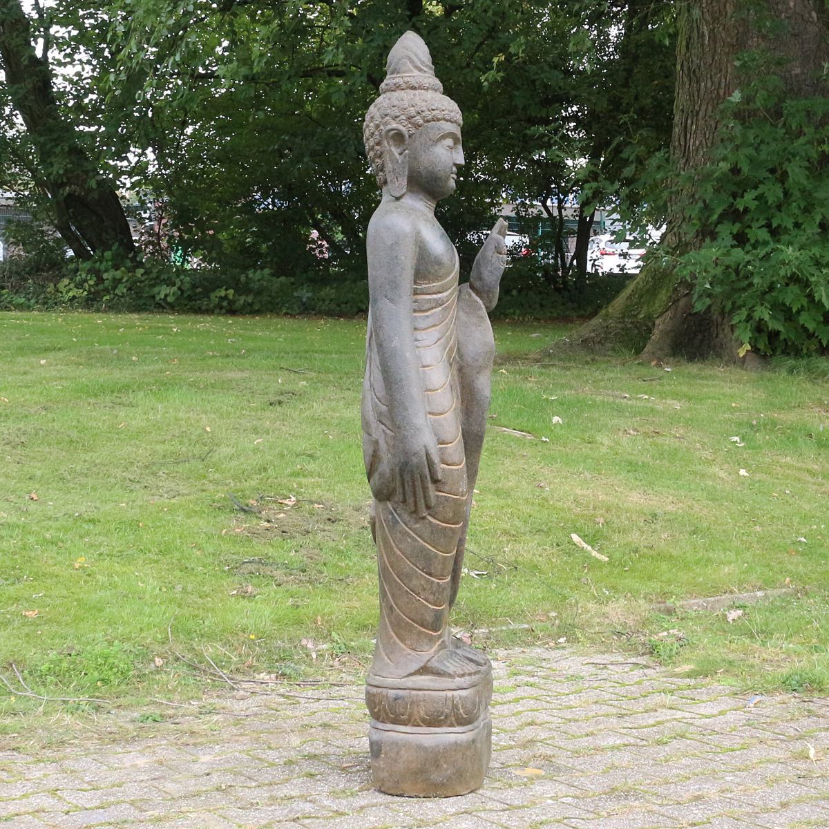 Buddha Stein Figur Statue Gartenfigur Steinfigur Dekofigur Gartendeko stehend Greenstone Antik Hand up 118 cm
