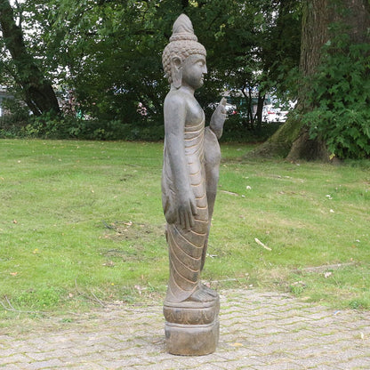 Buddha Stein Figur Statue Gartenfigur Steinfigur Dekofigur Gartendeko stehend Greenstone Antik Hand up 118 cm