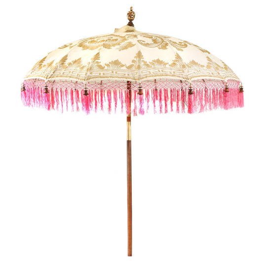 Balinesischer Sonnenschirm 180 cm mit goldener Bemalung Weiß Pink