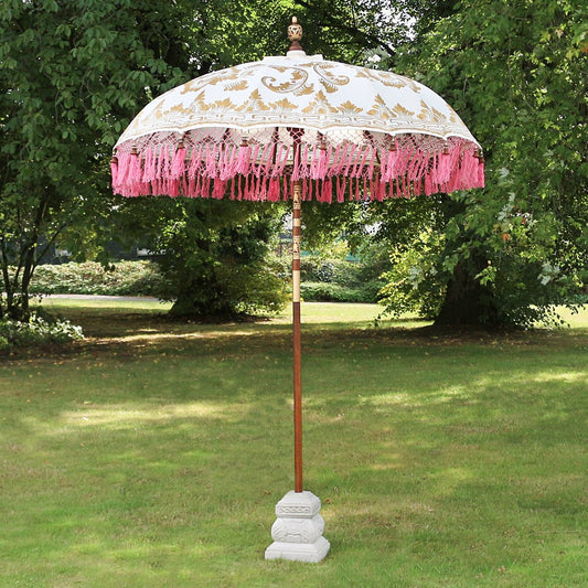 Balinesischer Sonnenschirm 180 cm mit goldener Bemalung Weiß Pink