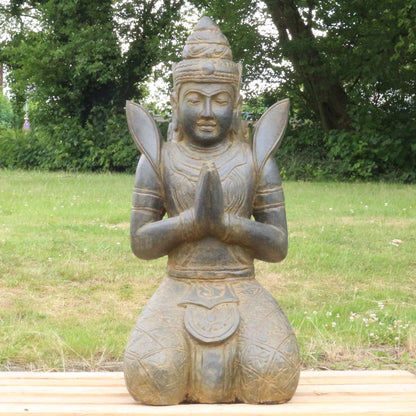 Buddha Stein Figur Statue Gartenfigur Steinfigur Dekofigur Gartendeko sitzend Massiv Antik Greenstone Teppanom 100 cm