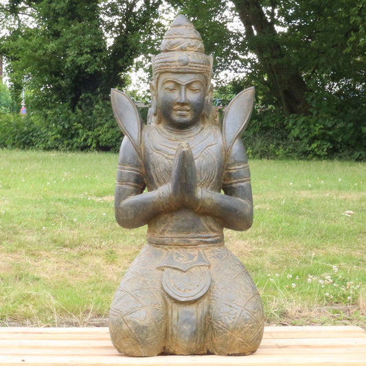 Buddha Stein Figur Statue Gartenfigur Steinfigur Dekofigur Gartendeko sitzend Massiv Antik Greenstone Teppanom 100 cm