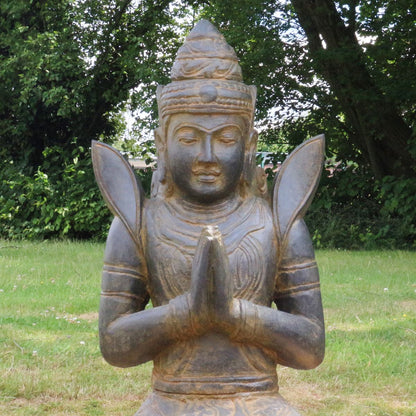 Buddha Stein Figur Statue Gartenfigur Steinfigur Dekofigur Gartendeko sitzend Massiv Antik Greenstone Teppanom 100 cm