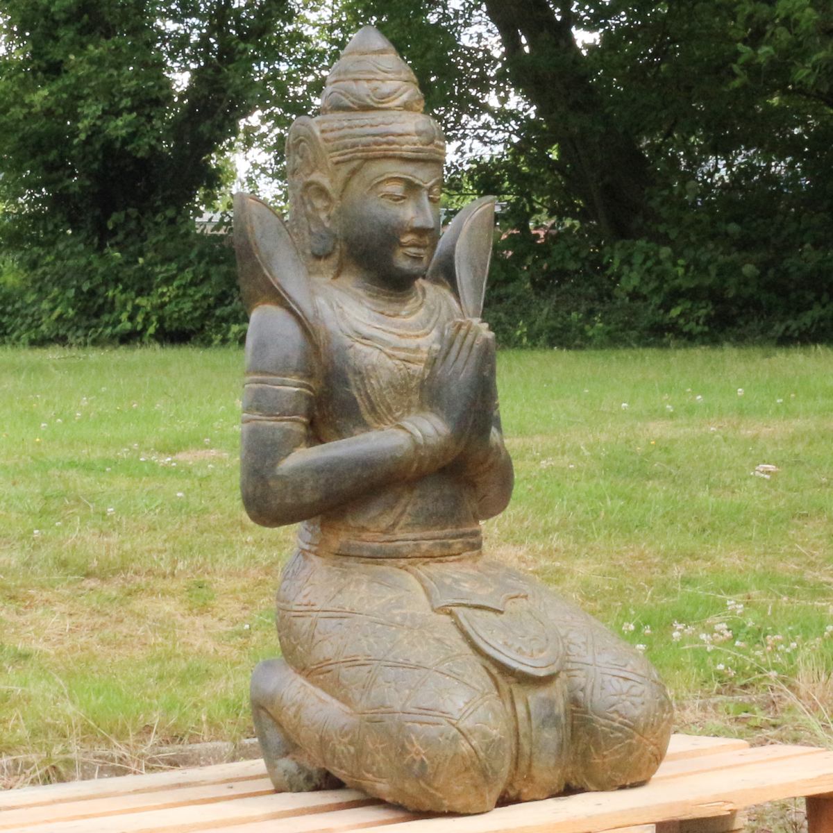 Buddha Stein Figur Statue Gartenfigur Steinfigur Dekofigur Gartendeko sitzend Massiv Antik Greenstone Teppanom 100 cm