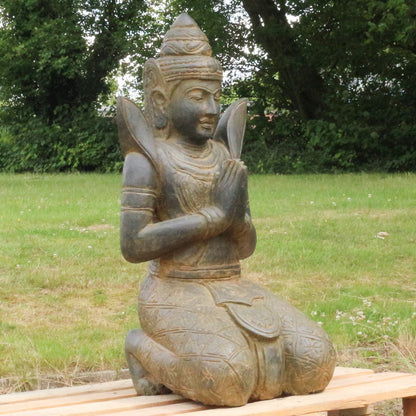 Buddha Stein Figur Statue Gartenfigur Steinfigur Dekofigur Gartendeko sitzend Massiv Antik Greenstone Teppanom 100 cm