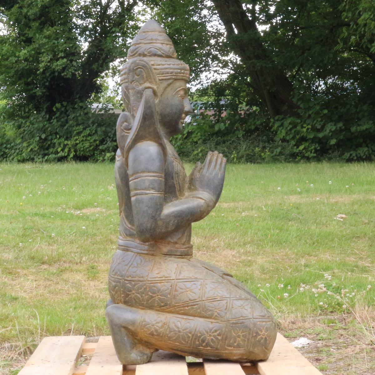 Buddha Stein Figur Statue Gartenfigur Steinfigur Dekofigur Gartendeko sitzend Massiv Antik Greenstone Teppanom 100 cm