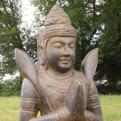 Buddha Stein Figur Statue Gartenfigur Steinfigur Dekofigur Gartendeko sitzend Massiv Antik Greenstone Teppanom 100 cm