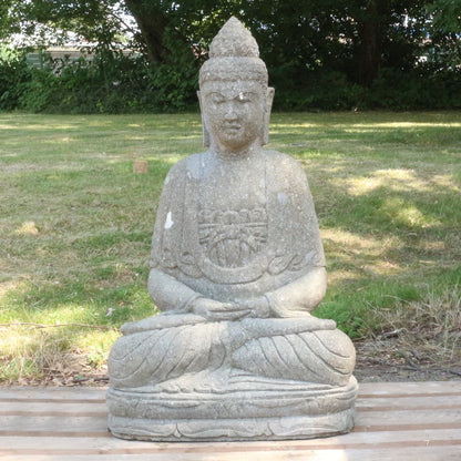 Buddha Stein Figur Statue Gartenfigur Steinfigur Dekofigur Gartendeko sitzend Massiv aus Greenstone Majapahit 100 cm