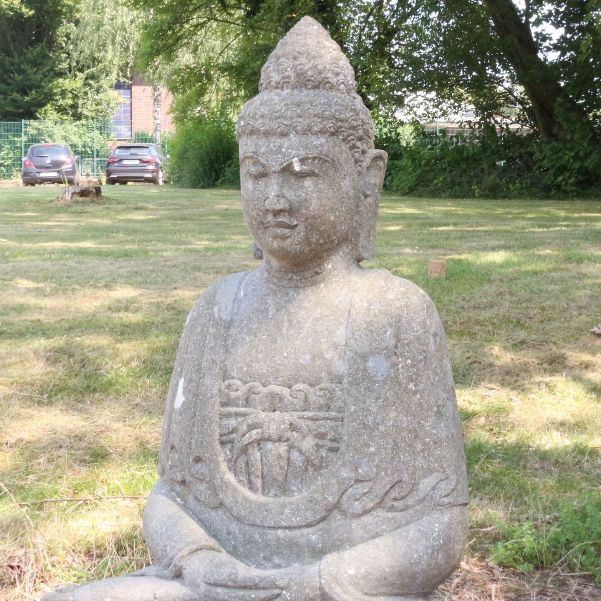 Buddha Stein Figur Statue Gartenfigur Steinfigur Dekofigur Gartendeko sitzend Massiv aus Greenstone Majapahit 100 cm