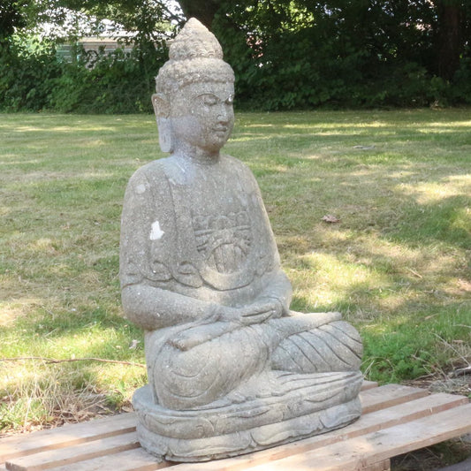 Buddha Stein Figur Statue Gartenfigur Steinfigur Dekofigur Gartendeko sitzend Massiv aus Greenstone Majapahit 100 cm