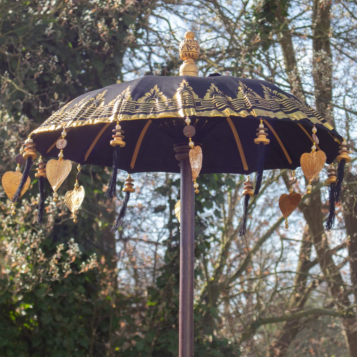 Bali Sonnenschirm Balinesischer Schirm Garten Baumwolle Sonnenschutz Handarbeit Retro Vintage Dekoschirm 2-teilig ca.86 Ø cm Schwarz-Gold