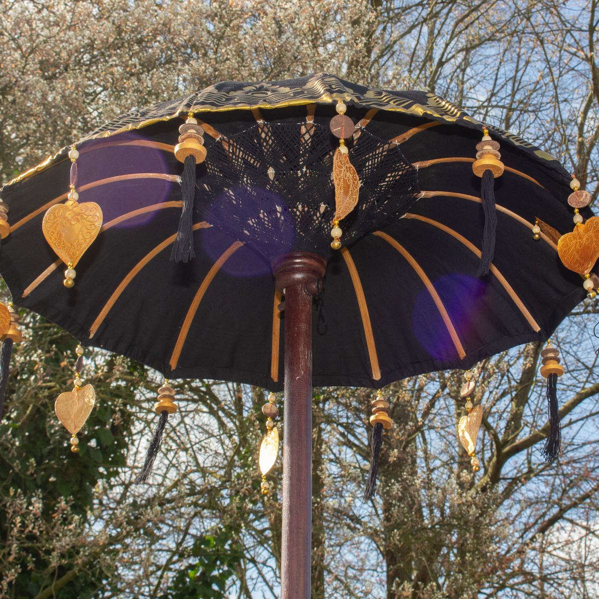 Bali Sonnenschirm Balinesischer Schirm Garten Baumwolle Sonnenschutz Handarbeit Retro Vintage Dekoschirm 2-teilig ca.86 Ø cm Schwarz-Gold