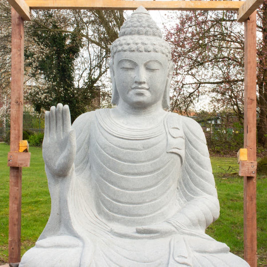XXL Buddha Stein Figur Statue Gartenfigur Steinfigur Dekofigur Gartendeko sitzend Massiv aus Flussstein 153 cm