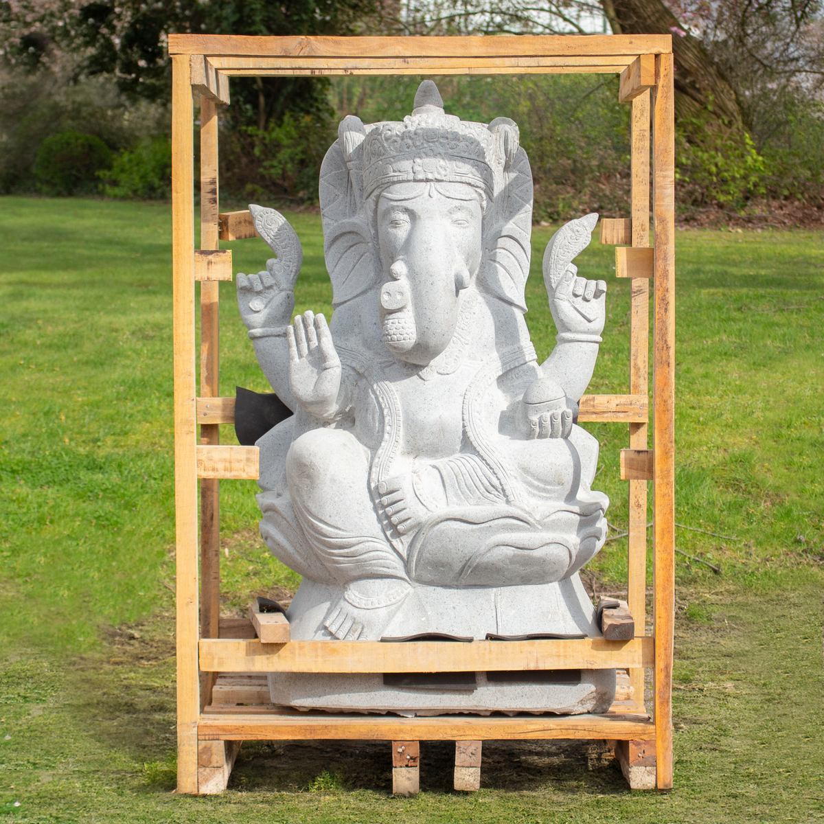 XXL Ganesha Stein Figur Statue Gartenfigur Steinfigur Dekofigur Gartendeko sitzend Massiv aus Flussstein 125 cm