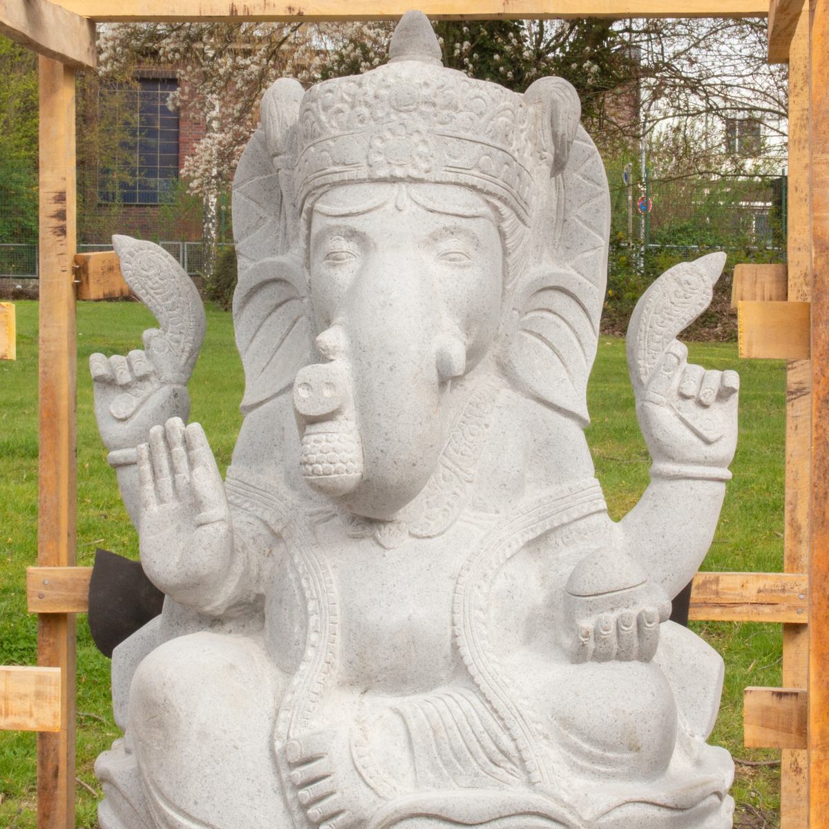 XXL Ganesha Stein Figur Statue Gartenfigur Steinfigur Dekofigur Gartendeko sitzend Massiv aus Flussstein 125 cm