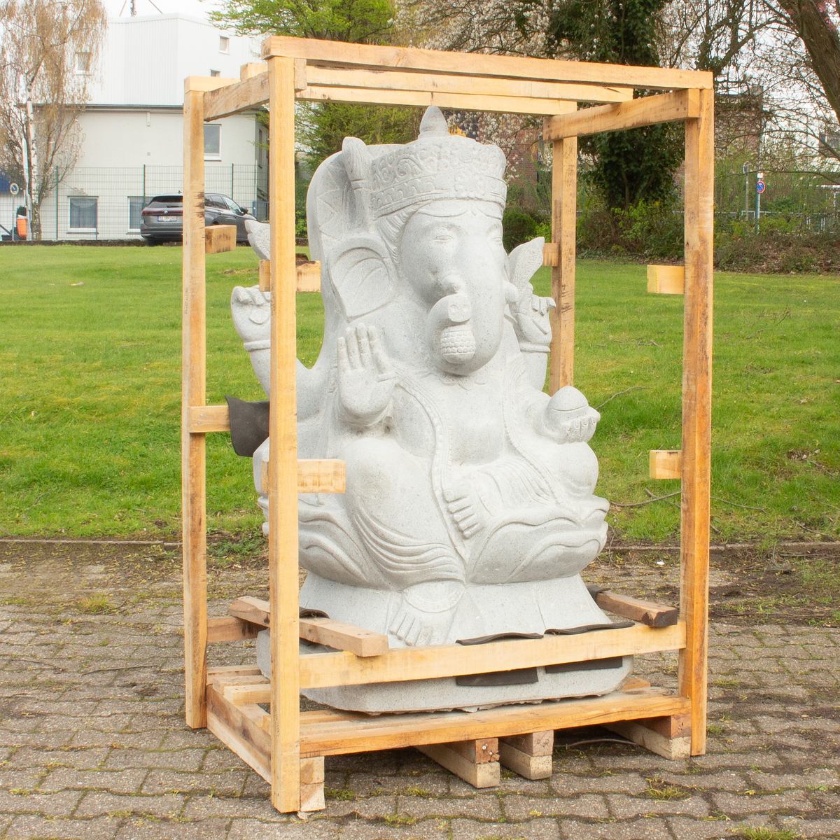 XXL Ganesha Stein Figur Statue Gartenfigur Steinfigur Dekofigur Gartendeko sitzend Massiv aus Flussstein 125 cm