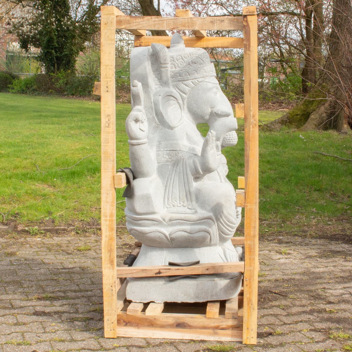 XXL Ganesha Stein Figur Statue Gartenfigur Steinfigur Dekofigur Gartendeko sitzend Massiv aus Flussstein 125 cm
