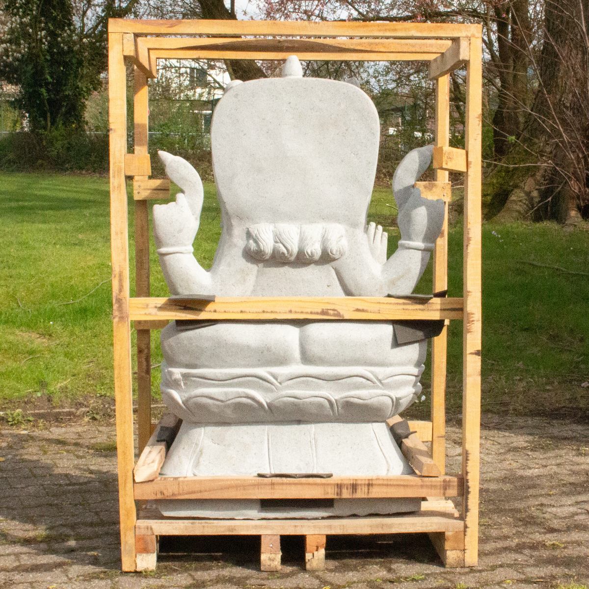 XXL Ganesha Stein Figur Statue Gartenfigur Steinfigur Dekofigur Gartendeko sitzend Massiv aus Flussstein 125 cm