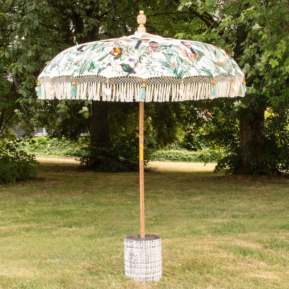 Original Balinesischer Sonnenschirm Bali Schirm Vögel 185 cm Model Merle