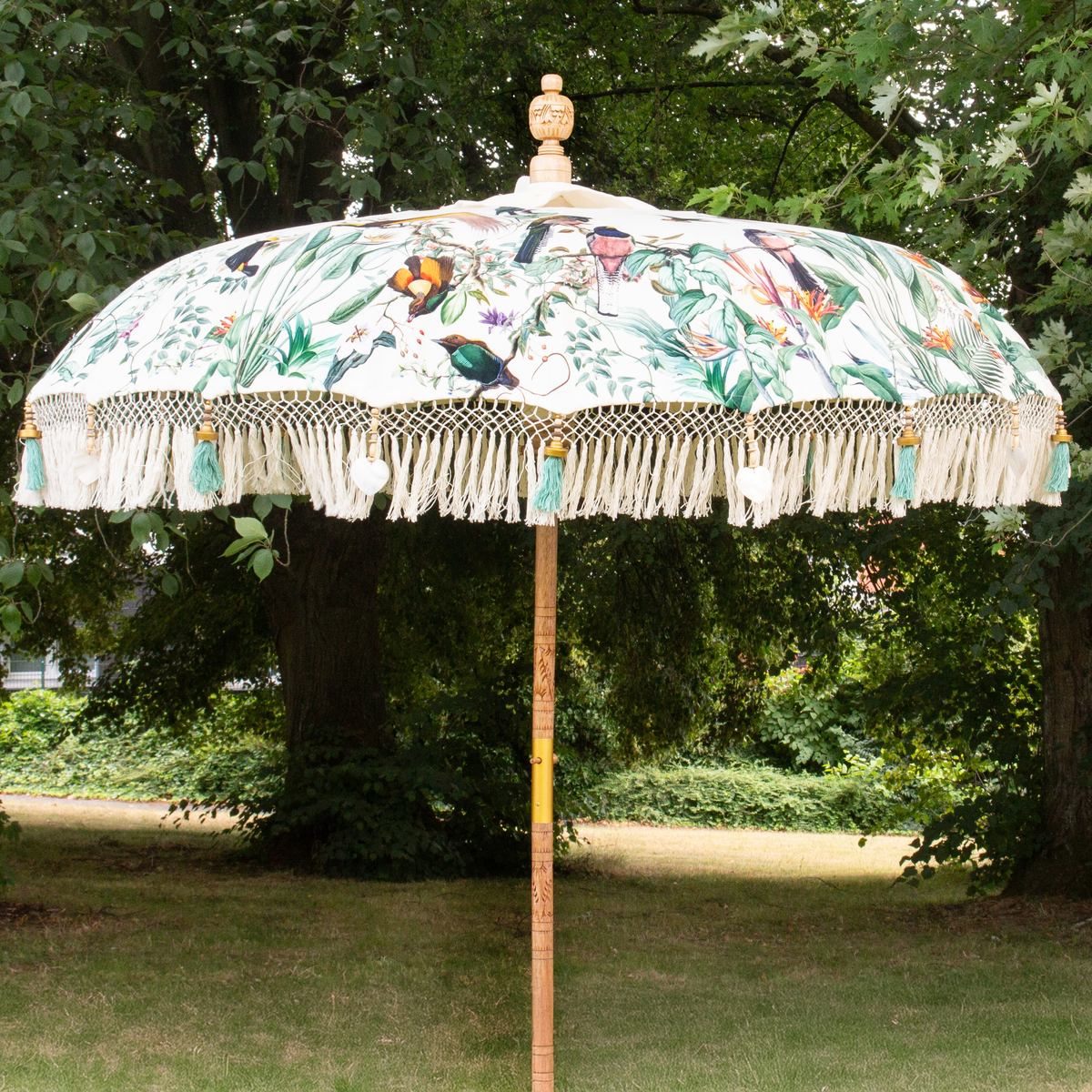 Original Balinesischer Sonnenschirm Bali Schirm Vögel 185 cm Model Merle