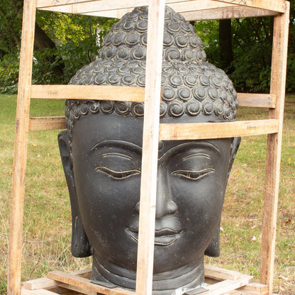 Buddha Kopf Wasserspiel aus Lavasteinguss große Gartenfigur mit Wasserauslauf frostfeste Buddha-Figur 120 cm