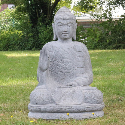 Buddha Stein Figur Statue Gartenfigur Steinfigur Dekofigur Gartendeko sitzend Massiv aus Flussstein 63 cm
