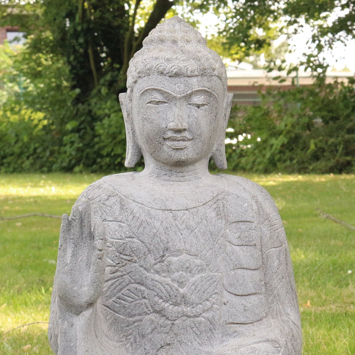 Buddha Stein Figur Statue Gartenfigur Steinfigur Dekofigur Gartendeko sitzend Massiv aus Flussstein 63 cm
