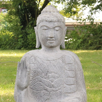 Buddha Stein Figur Statue Gartenfigur Steinfigur Dekofigur Gartendeko sitzend Massiv aus Flussstein 63 cm