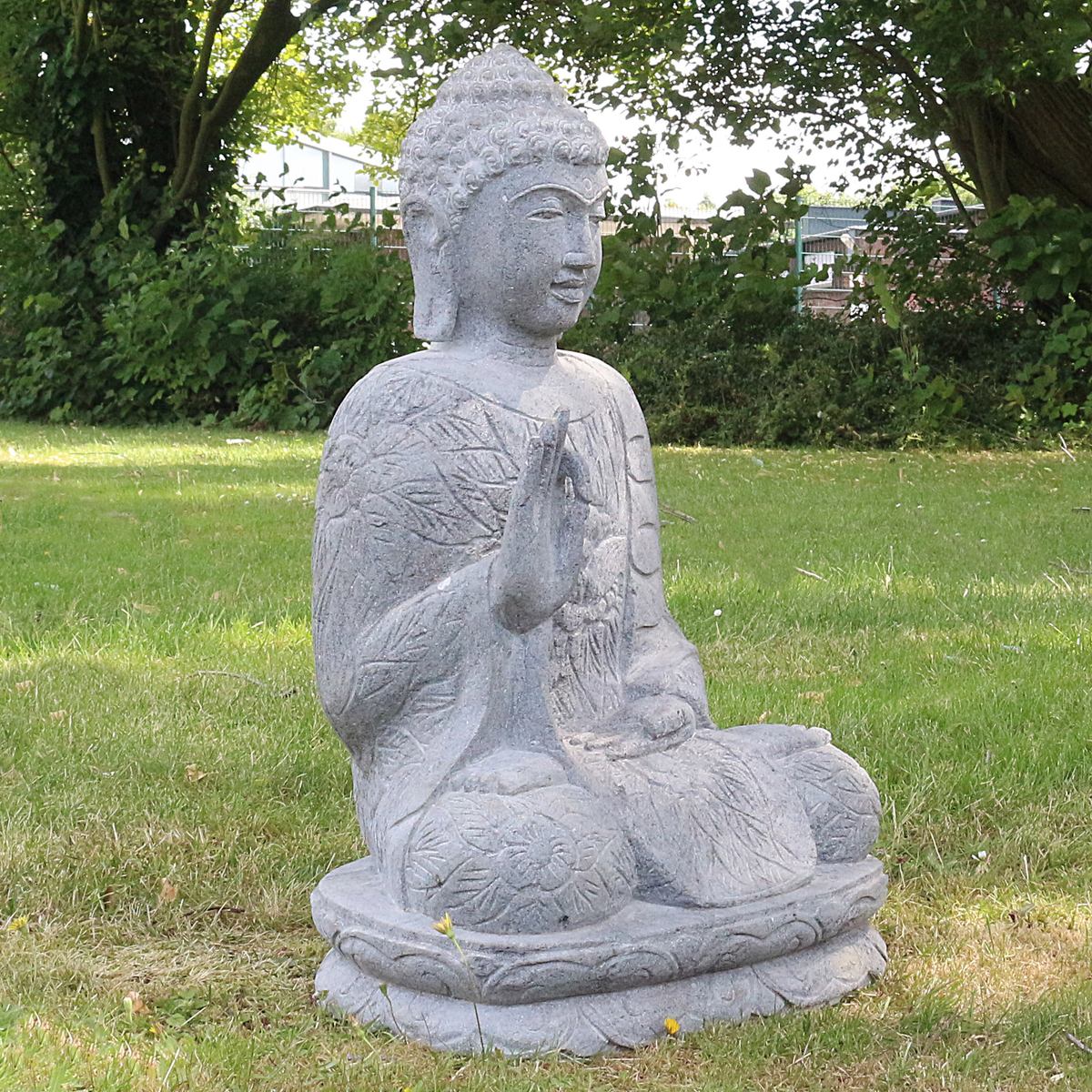 Buddha Stein Figur Statue Gartenfigur Steinfigur Dekofigur Gartendeko sitzend Massiv aus Flussstein 63 cm