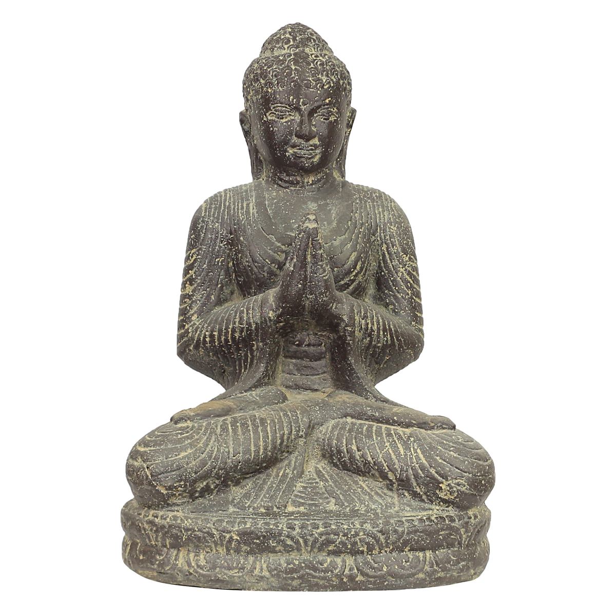 Buddha Figur sitzend Skulptur Lotussitz Meditationsgeste Stein Lavasand Bali Steinfigur Garten Deko 45 cm