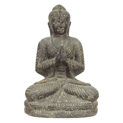 Buddha Figur sitzend Skulptur Lotussitz Meditationsgeste Stein Lavasand Bali Steinfigur Garten Deko 45 cm