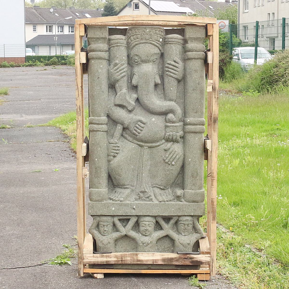 Ganesha Stein Relief Wand Outdoor Garten Deko Steinwand Wandbilld Massiv aus Greenstone und Basanit 125 cm