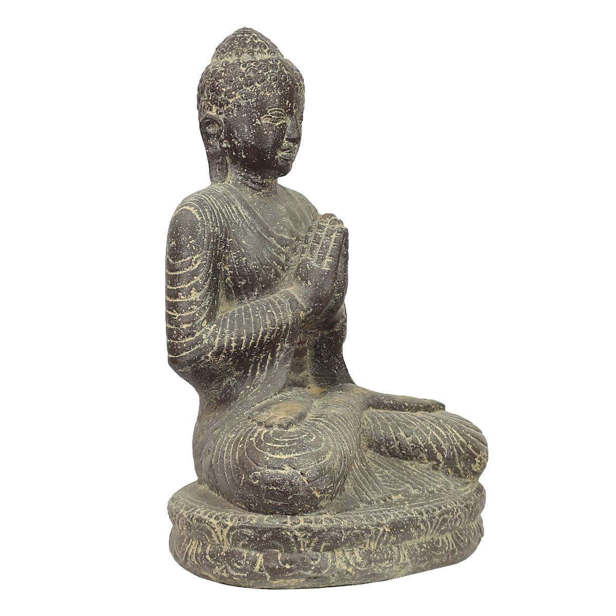 Buddha Figur sitzend Skulptur Lotussitz Meditationsgeste Stein Lavasand Bali Steinfigur Garten Deko 45 cm