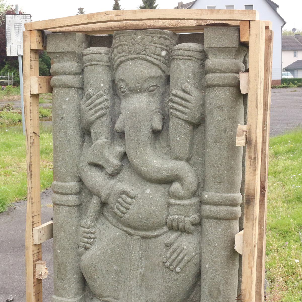 Ganesha Stein Relief Wand Outdoor Garten Deko Steinwand Wandbilld Massiv aus Greenstone und Basanit 125 cm