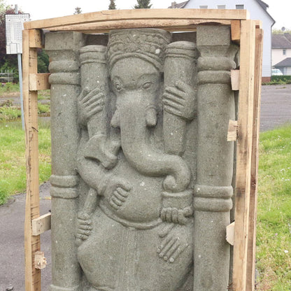 Ganesha Stein Relief Wand Outdoor Garten Deko Steinwand Wandbilld Massiv aus Greenstone und Basanit 125 cm