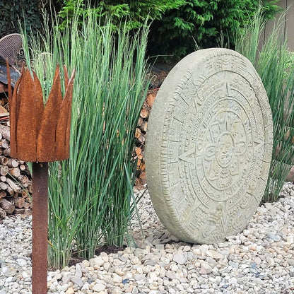 Majakalender, Maya Steinscheibe, antike Dekoration, Maya-Kultur, Steinskulptur, Gartenkunst, Wanddekoration, historische Kunst, 120 cm