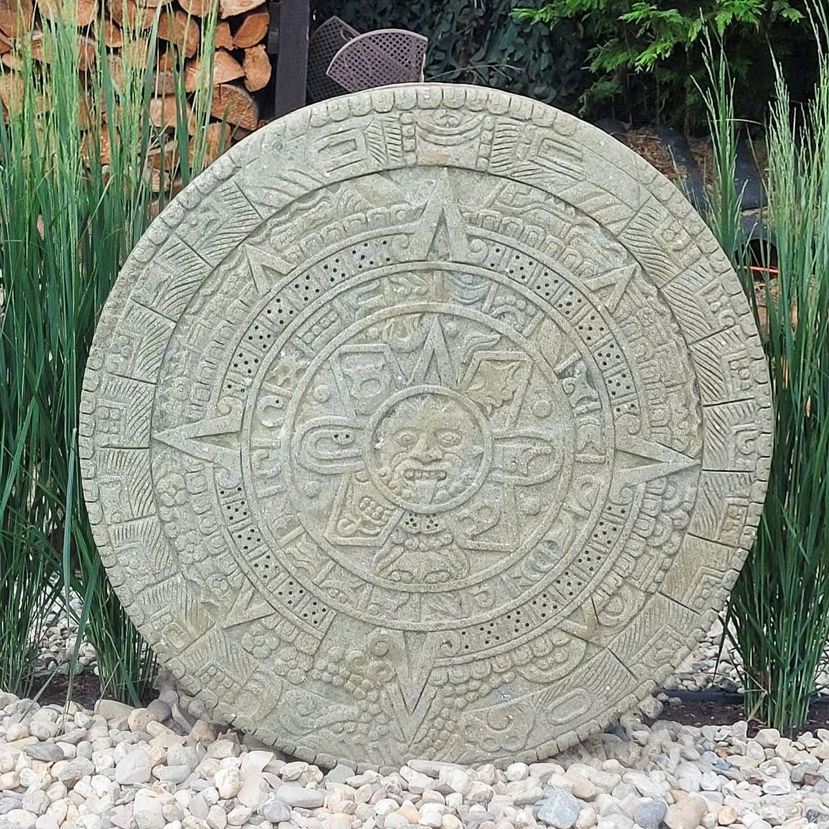 Majakalender, Maya Steinscheibe, antike Dekoration, Maya-Kultur, Steinskulptur, Gartenkunst, Wanddekoration, historische Kunst, 120 cm