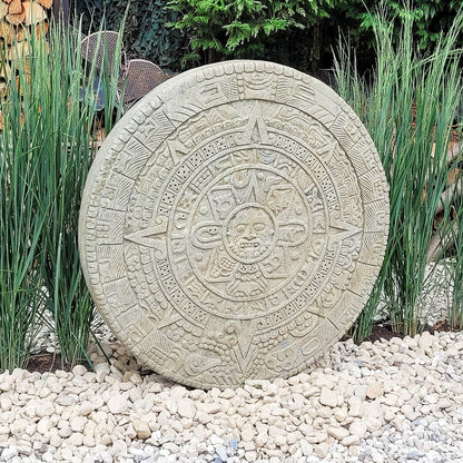Mayakalender, Maya Steinscheibe, antike Dekoration, Maya-Kultur, Steinskulptur, Gartenkunst, Wanddekoration, historische Kunst, 120 cm