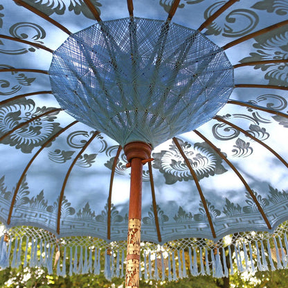 Sonnenschirm Bali Schirm 180 cm Hellblau Gold Bemalung Fransen Gartenschirm Baumwolle Sonnenschutz Handarbeit Dekoschirm Model Sophie
